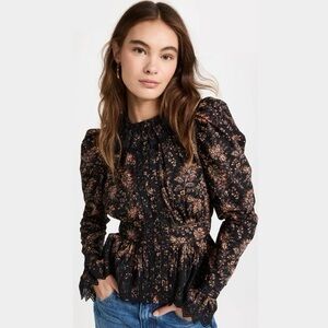 NWT ULLA JOHNSON Brigitte Puff Sleeve Peplum Blouse in Minuit Floral Print